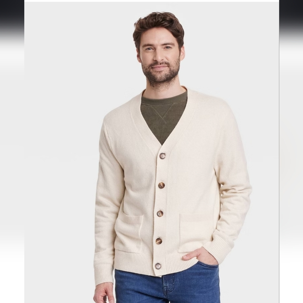 Men's V-Neck Cardigan Sweater - Goodfellow & Co Cream XXL
